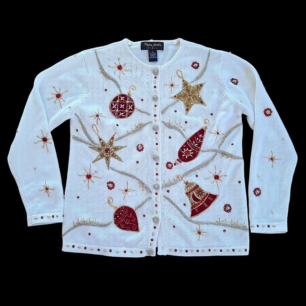 Vintage 90's KIKIT Christmas Sweater Cream Embellished Ornaments Cardigan size S - Picture 4 of 16